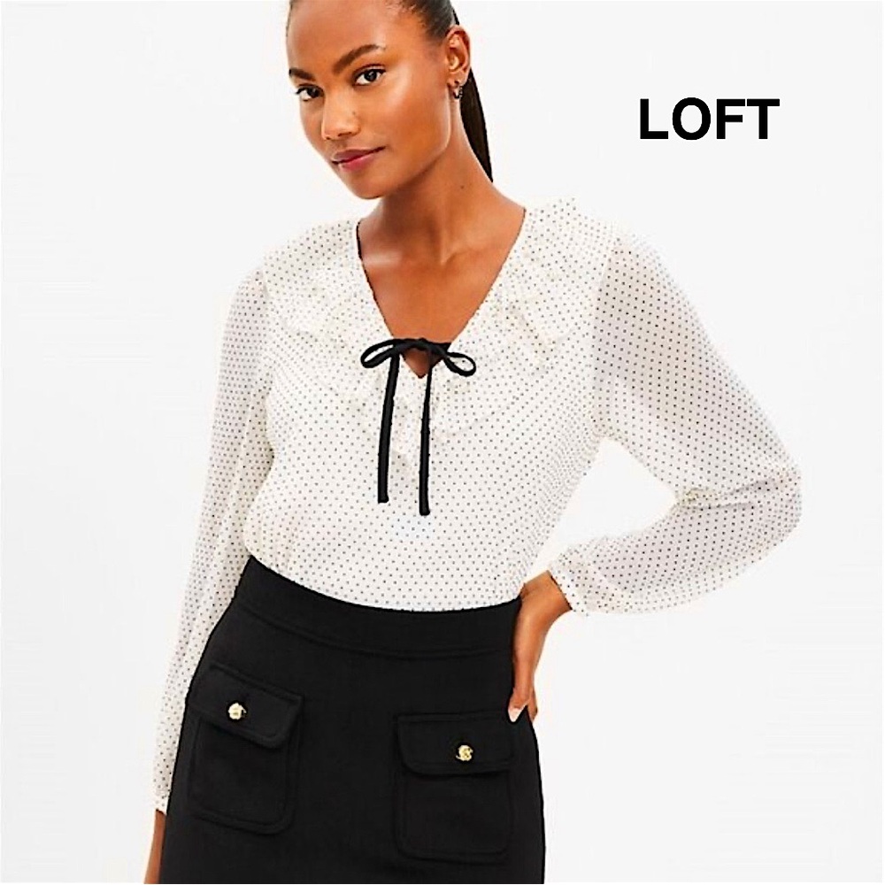 LOFT Off White Polka Dot Ruffle Tie-Neck Blouse
